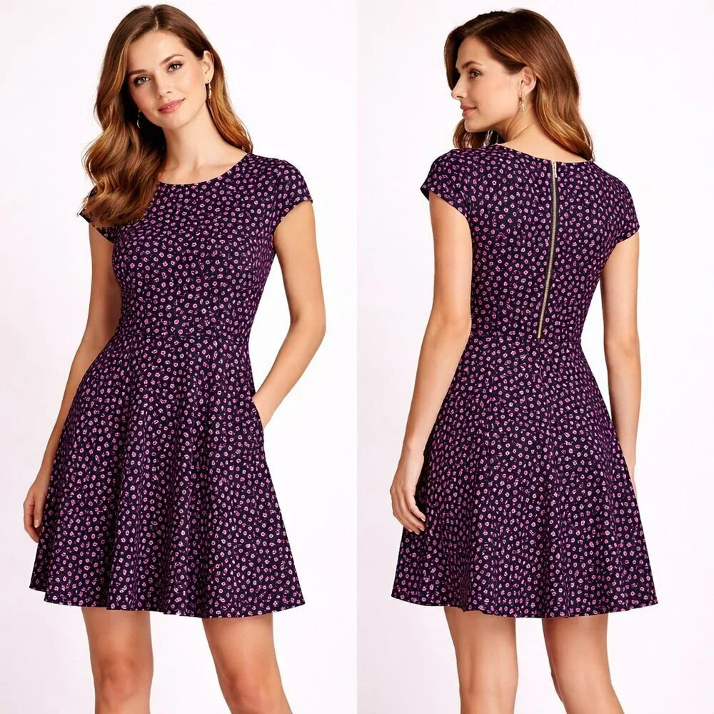 Michael Kors Medium Navy Blue Pink Circle Print Skater Dress - Picture 2 of 13